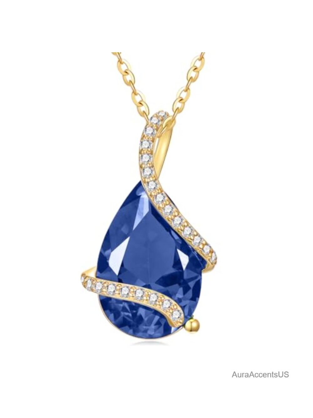 14K Gold Pear Shaped Created Sapphire Necklace, 4 Carat Teardrop Pendant, 18+2
